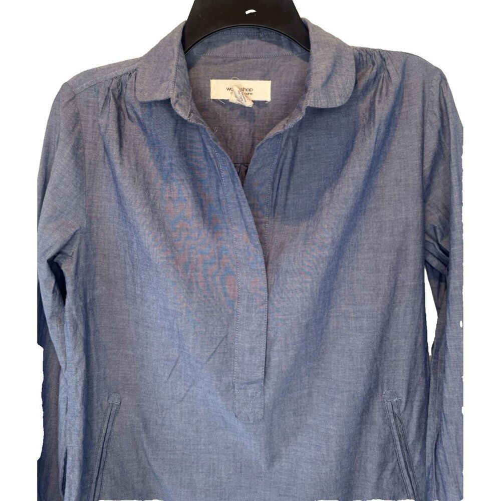 Womens Blue Chambray Long Sleeve Tunic Top XS Coastal‎ Minimalist Capsule Travel - Picture 2 of 9